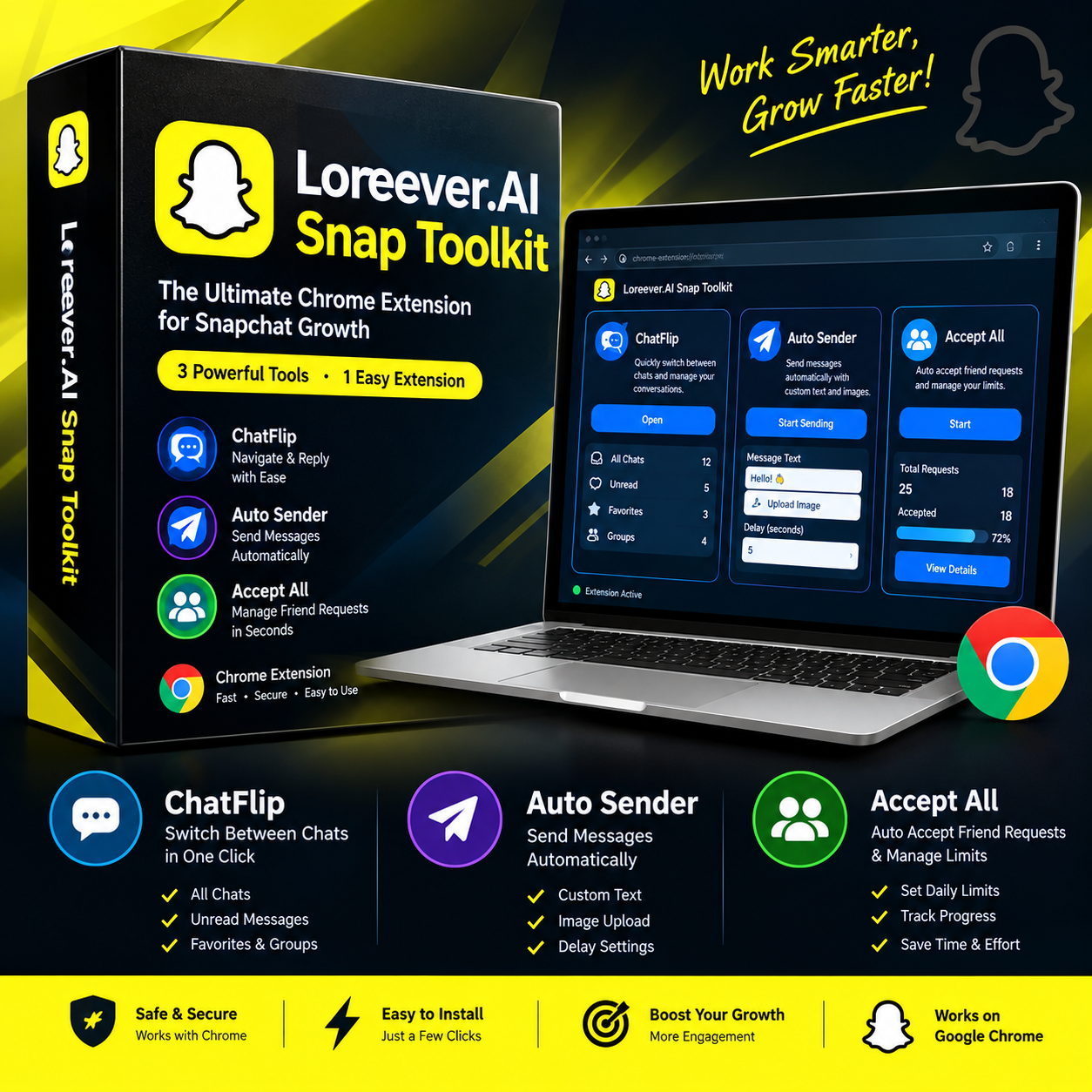 Loreever.AI Snap Toolkit product graphic showing its Chrome extension features