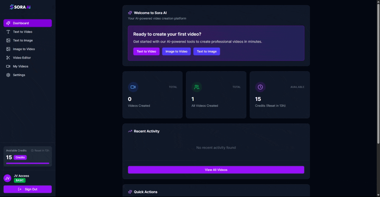 SORA AI dashboard showing Text to Video, Image to Video and Text to Image