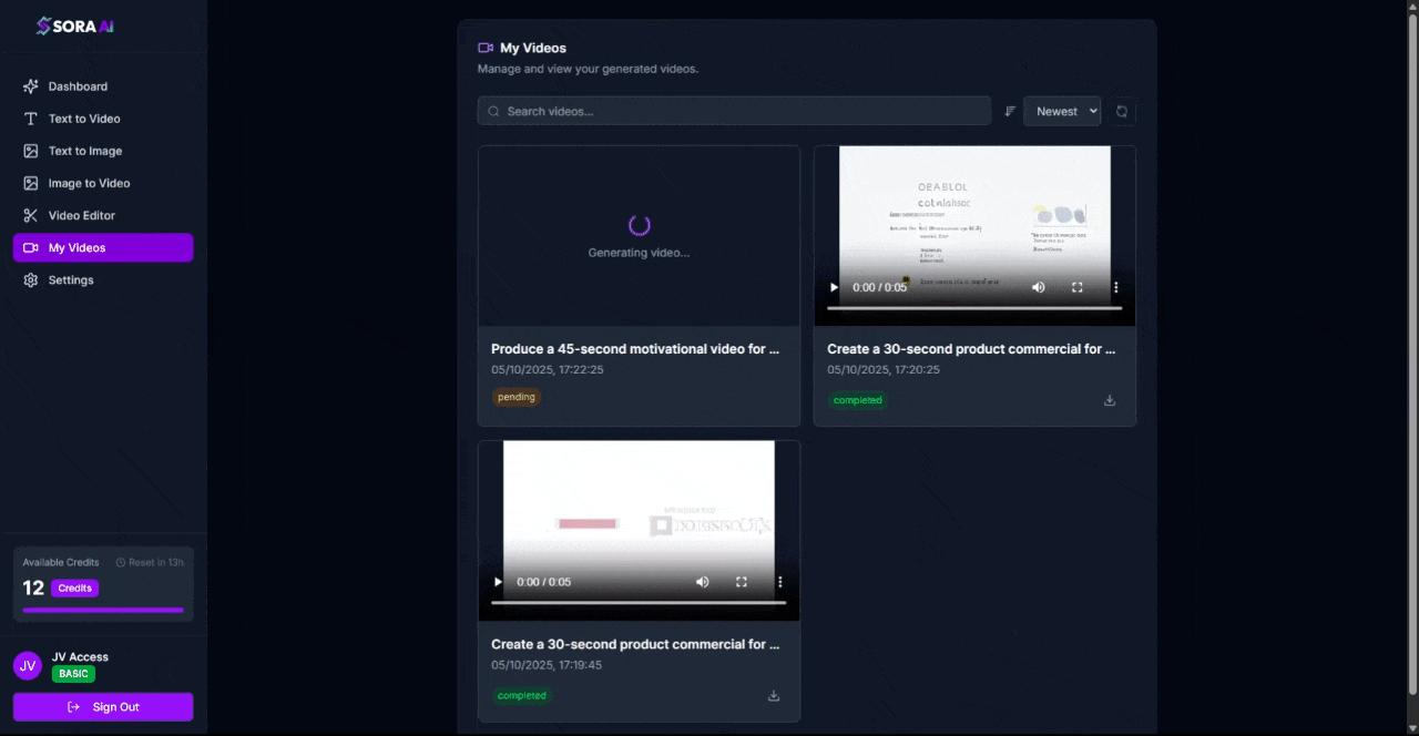 SORA AI My Videos dashboard
